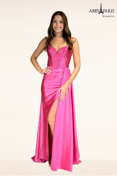 Abby Paris 90302 Heat Stone Corset Slit Evening Gown