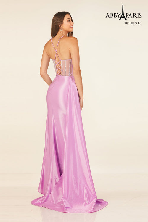 Abby Paris 90310 Beaded Satin Sleeveless Slit Evening Gown