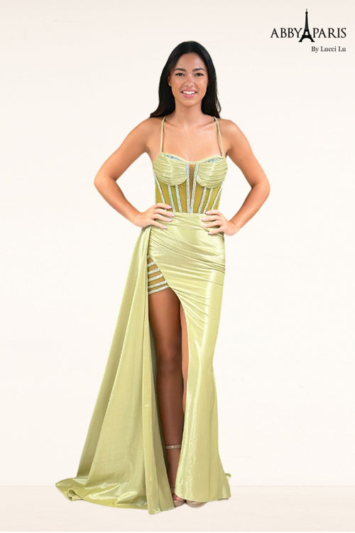 Abby Paris 90310 Beaded Satin Sleeveless Slit Evening Gown