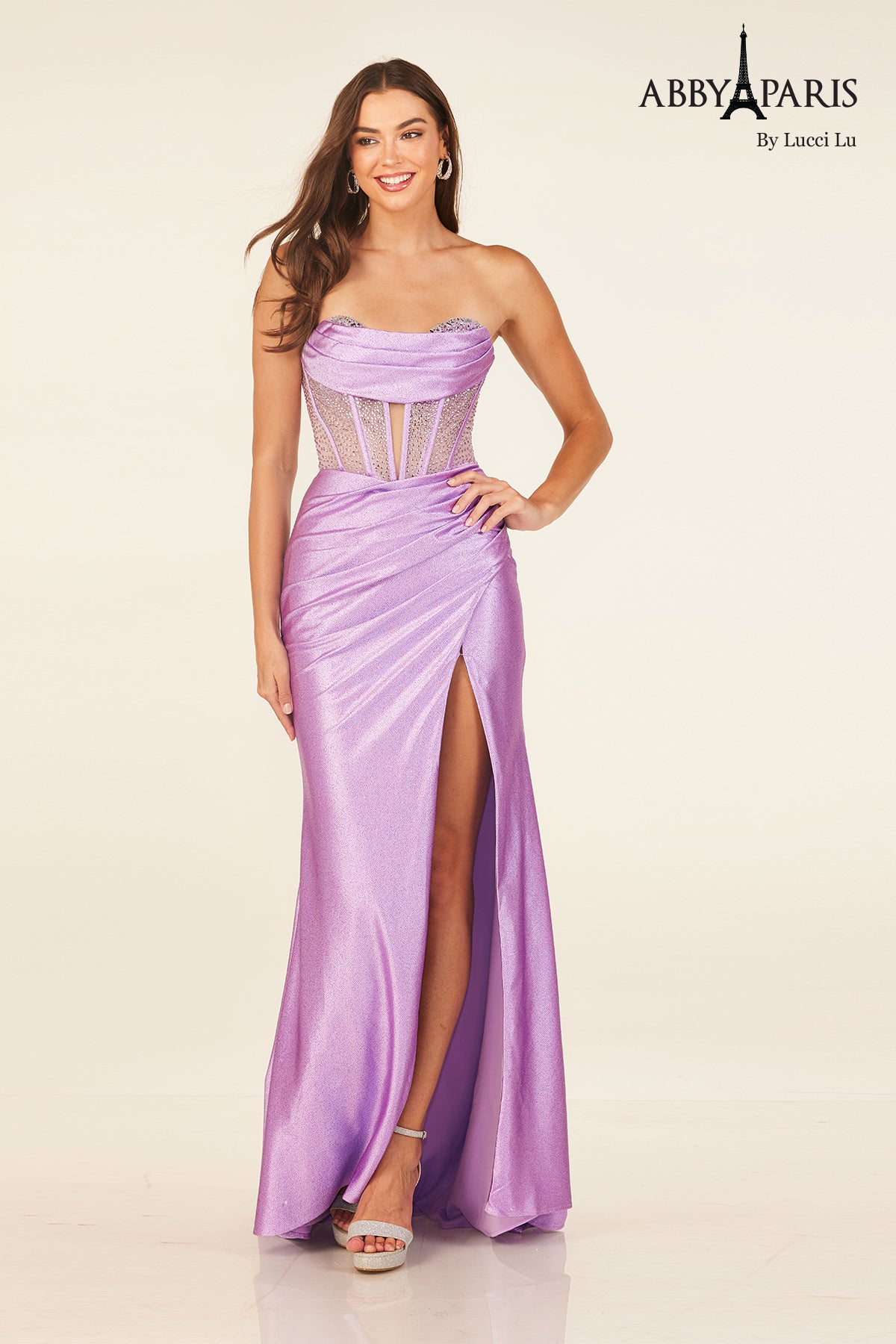 Abby Paris 90311 Beaded Strapless Slit Evening Gown
