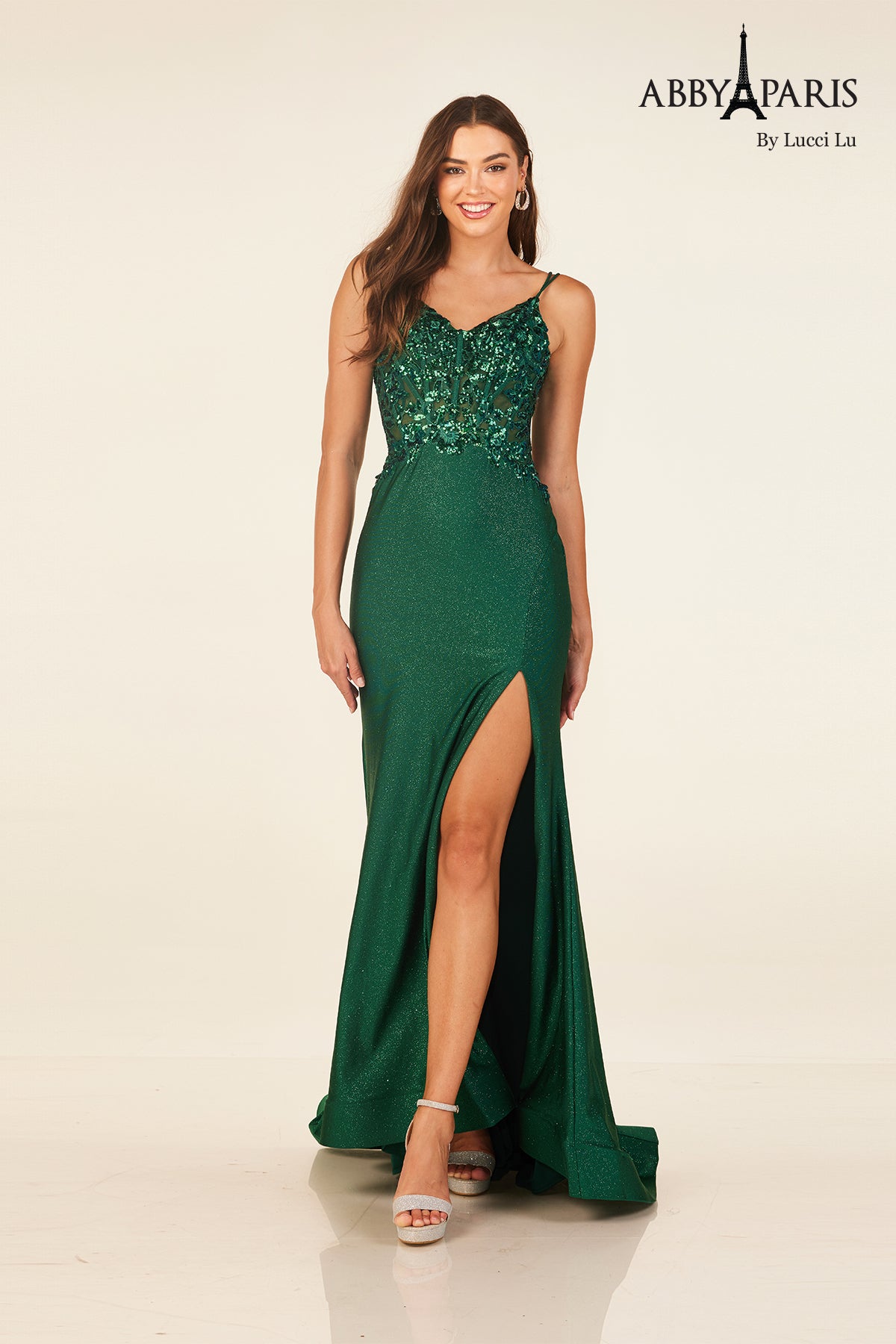Abby Paris 90314 Sequin Applique V-Neck Slit Evening Gown