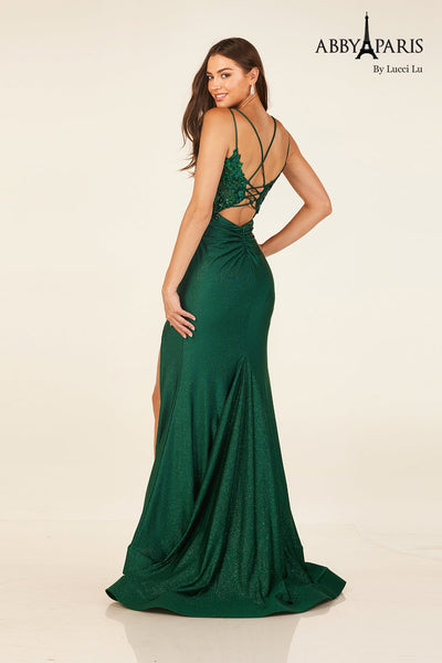 Abby Paris 90314 Sequin Applique V-Neck Slit Evening Gown