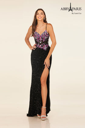 Abby Paris 90316 Sequin Fitted V-Neck Slit Evening Gown