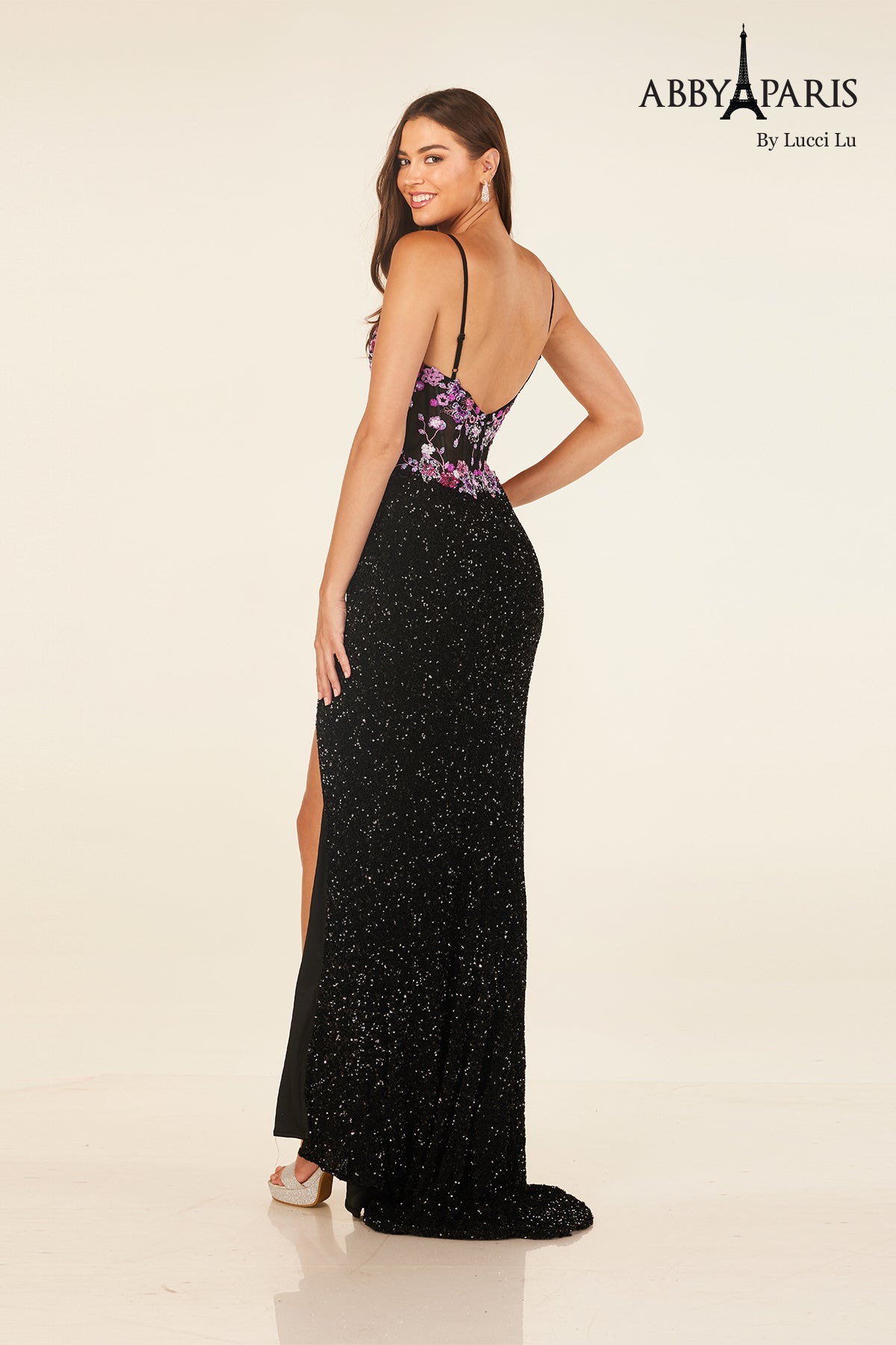 Abby Paris 90316 Sequin Fitted V-Neck Slit Evening Gown