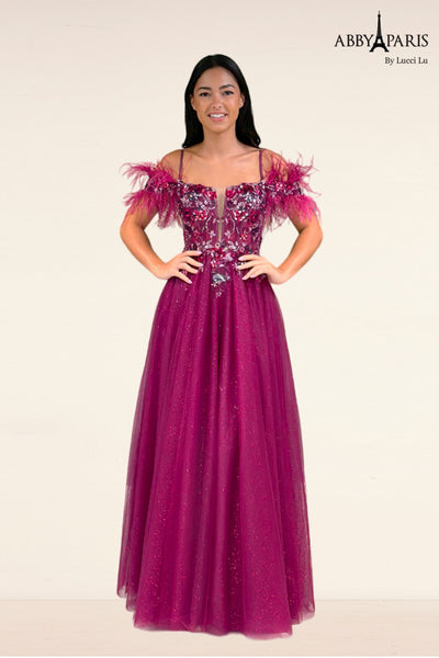 Abby Paris 90318 Feather Off Shoulder A-line Evening Gown