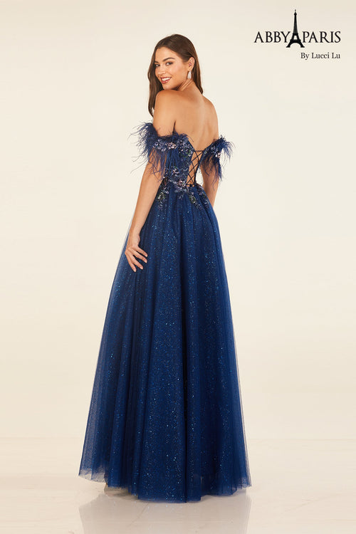 Abby Paris 90318 Feather Off Shoulder A-line Evening Gown