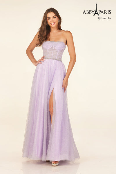 Abby Paris 90324 Tulle Strapless A-line Slit Evening Gown