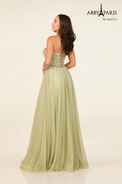 Abby Paris 90324 Tulle Strapless A-line Slit Evening Gown