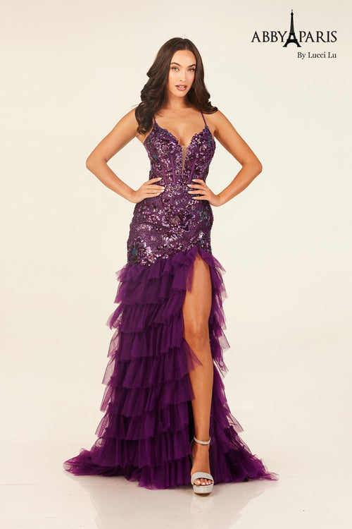 Abby Paris 90330 Sleeveless Tiered Slit Evening Gown