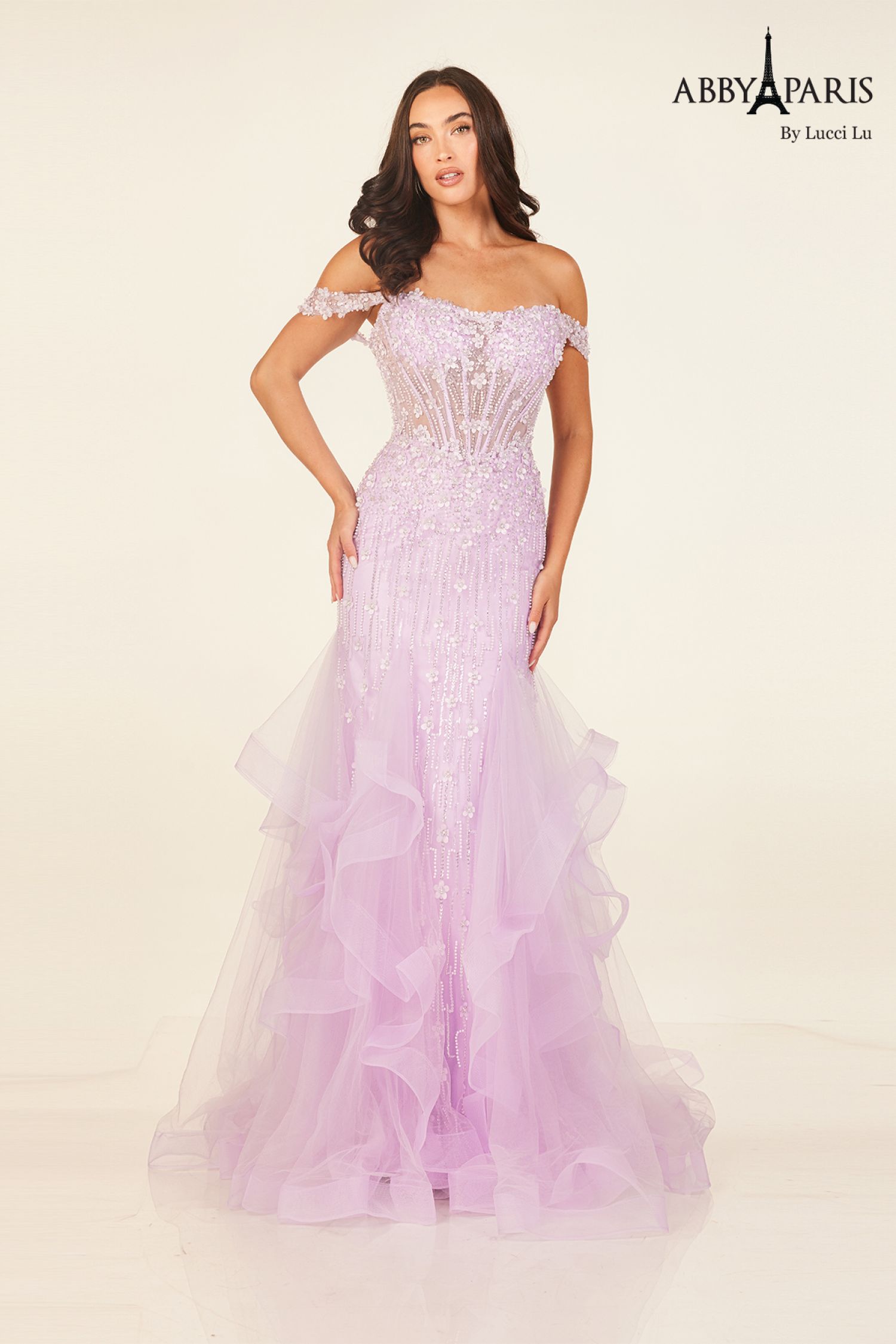 Abby Paris 90333 Off Shoulder Ruffled Evening Gown by Lucci Lu