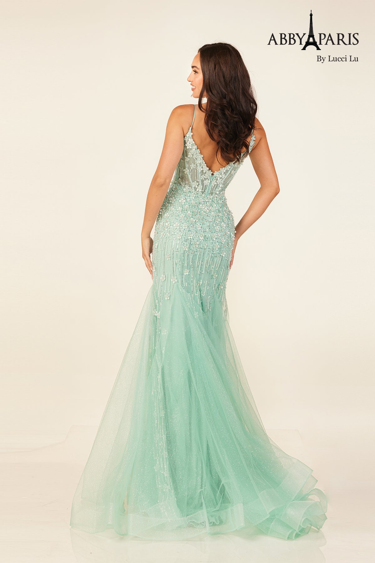 Abby Paris 90334 Beaded Fitted V-Neck Slit Evening Gown