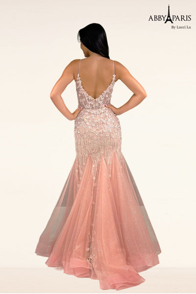 Abby Paris 90334 Beaded Fitted V-Neck Slit Evening Gown