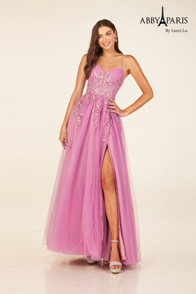 Abby Paris 90336 Applique Corset A-line Slit Evening Gown