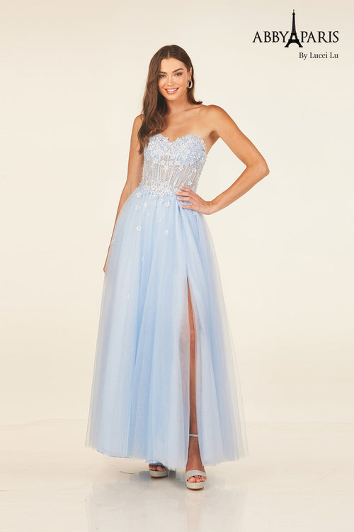 Abby Paris 90338 Beaded Strapless A-line Evening Gown