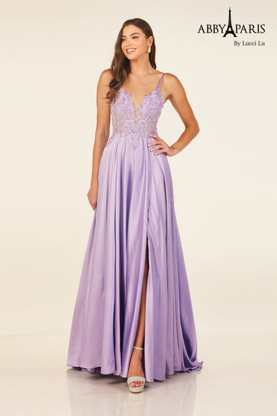 Abby Paris 90339 Satin Sleeveless A-line Slit Evening Gown