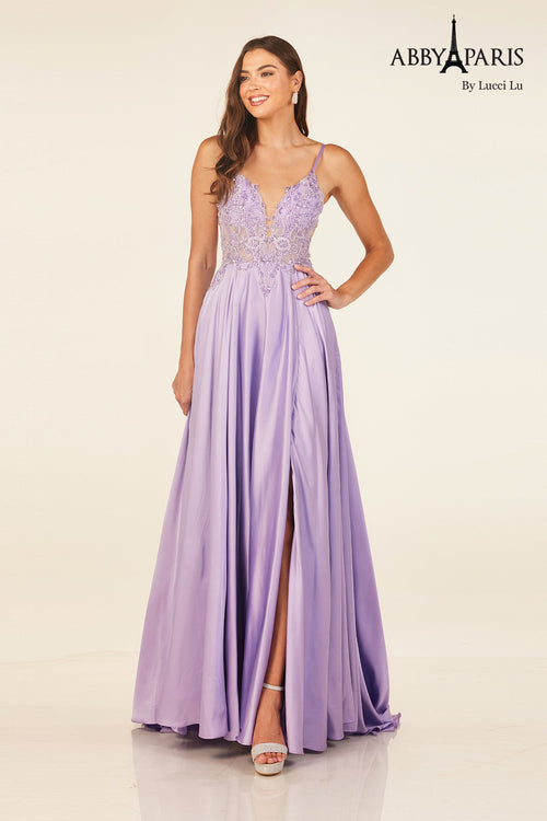 Abby Paris 90339 Satin Sleeveless A-line Slit Evening Gown