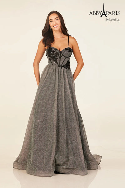 Abby Paris 90345 Applique Glitter A-line Evening Gown