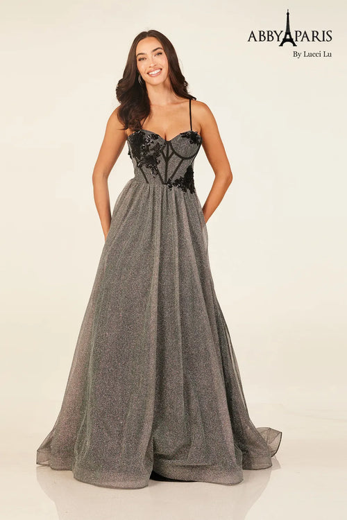 Abby Paris 90345 Applique Glitter A-line Evening Gown