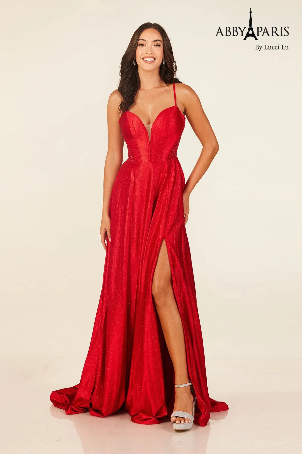 Abby Paris 90346 Glitter Corset A-line Slit Evening Gown