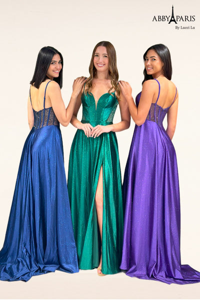 Abby Paris 90346 Glitter Corset A-line Slit Evening Gown