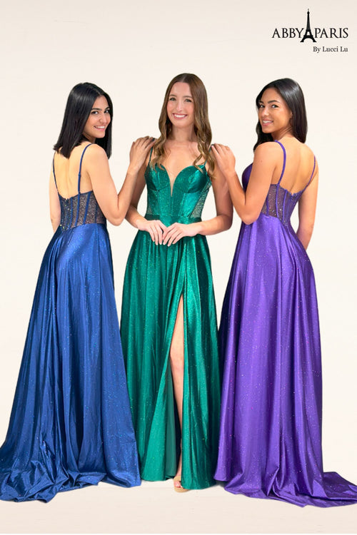 Abby Paris 90346 Glitter Corset A-line Slit Evening Gown