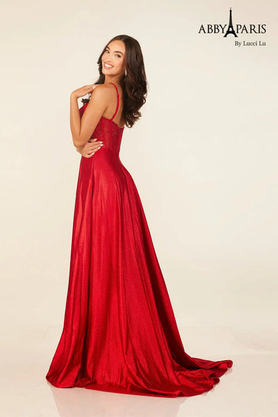 Abby Paris 90346 Glitter Corset A-line Slit Evening Gown