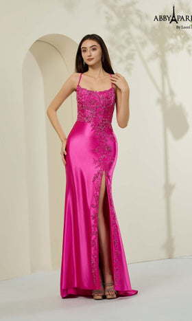 Abby Paris 90357 Satin Beaded Scoop Prom Dress with Side Slit