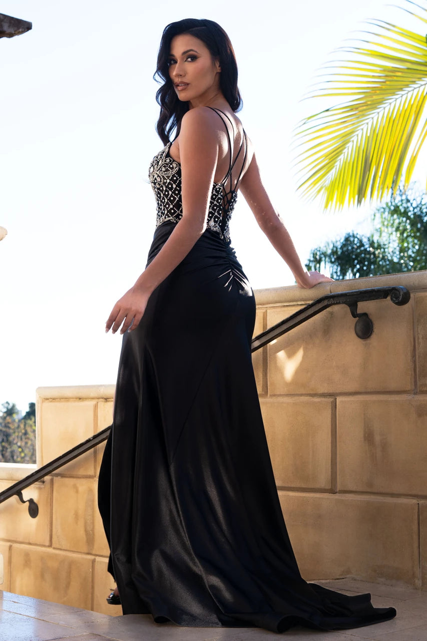 Spaghetti Straps Crystal Beaded Corset Bodice Long Satin Formal Dress with Slit by Lenovia 8479