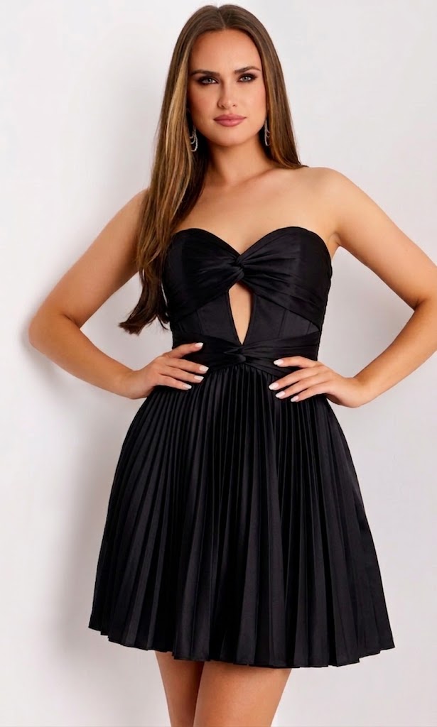 Jovani Metallic Pleated Strapless Cocktail Dress 45686