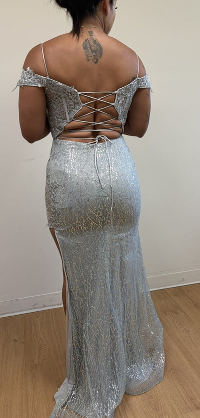 Royal Queen RQ8084 Silver Evening Dress Sequin High Slit Prom Gown