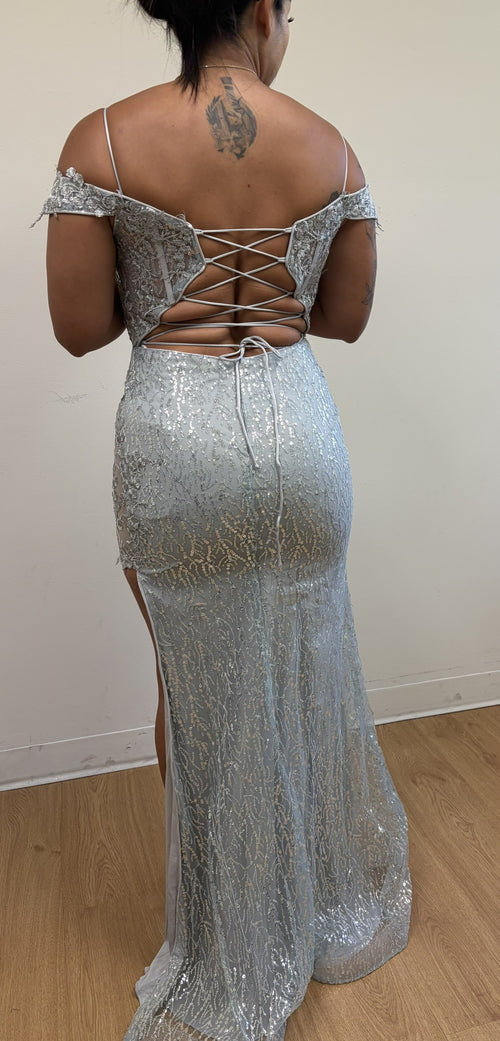 Royal Queen RQ8084 Silver Evening Dress Sequin High Slit Prom Gown
