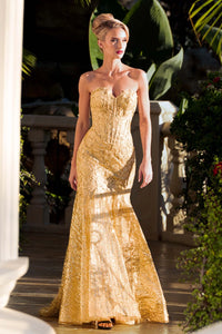 Clearance Gold Size L Strapless Trumpet Evening Gown with Sequin Lace Appliqué, Corset Back Prom Dress by Lenovia 8424
