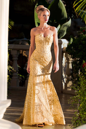 Clearance Gold Size L Strapless Trumpet Evening Gown with Sequin Lace Appliqué, Corset Back Prom Dress by Lenovia 8424