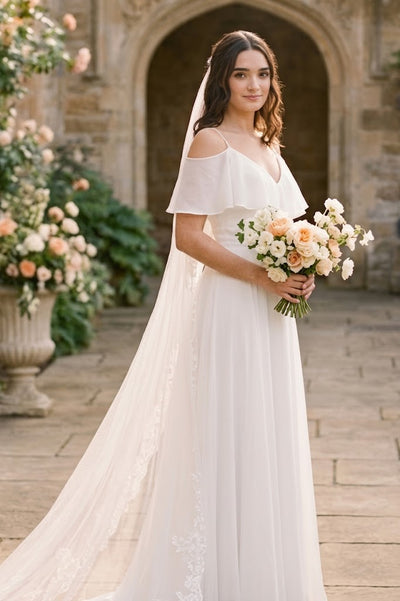 Cold-Shoulder Chiffon Wedding Gown with Ruffle Bodice by Eva USA 3263
