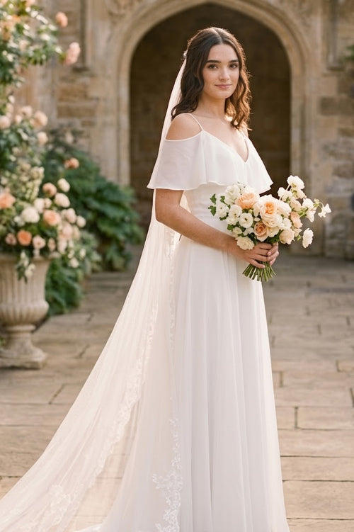 Cold-Shoulder Chiffon Wedding Gown with Ruffle Bodice by Eva USA 3263