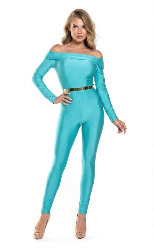 Off Shoulder Long-Sleeve Jumpsuit with Belt Sleek Bodycon Evening Dress by Jessica Angel 868
