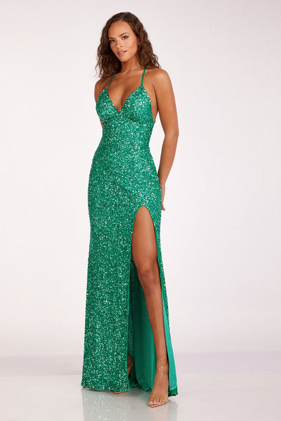 Abby Paris 92113 Sequin Fitted V-Neck Crisscross Slit Gown