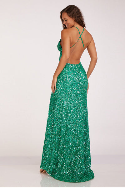 Abby Paris 92113 Sequin Fitted V-Neck Crisscross Slit Gown