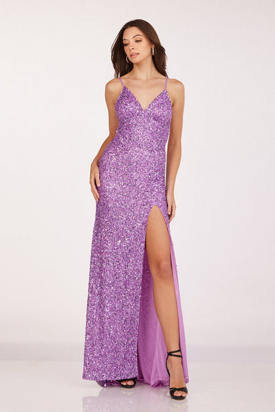 Abby Paris 92113 Sequin Fitted V-Neck Crisscross Slit Gown