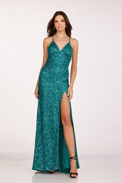 Abby Paris 92113 Sequin Fitted V-Neck Crisscross Slit Gown