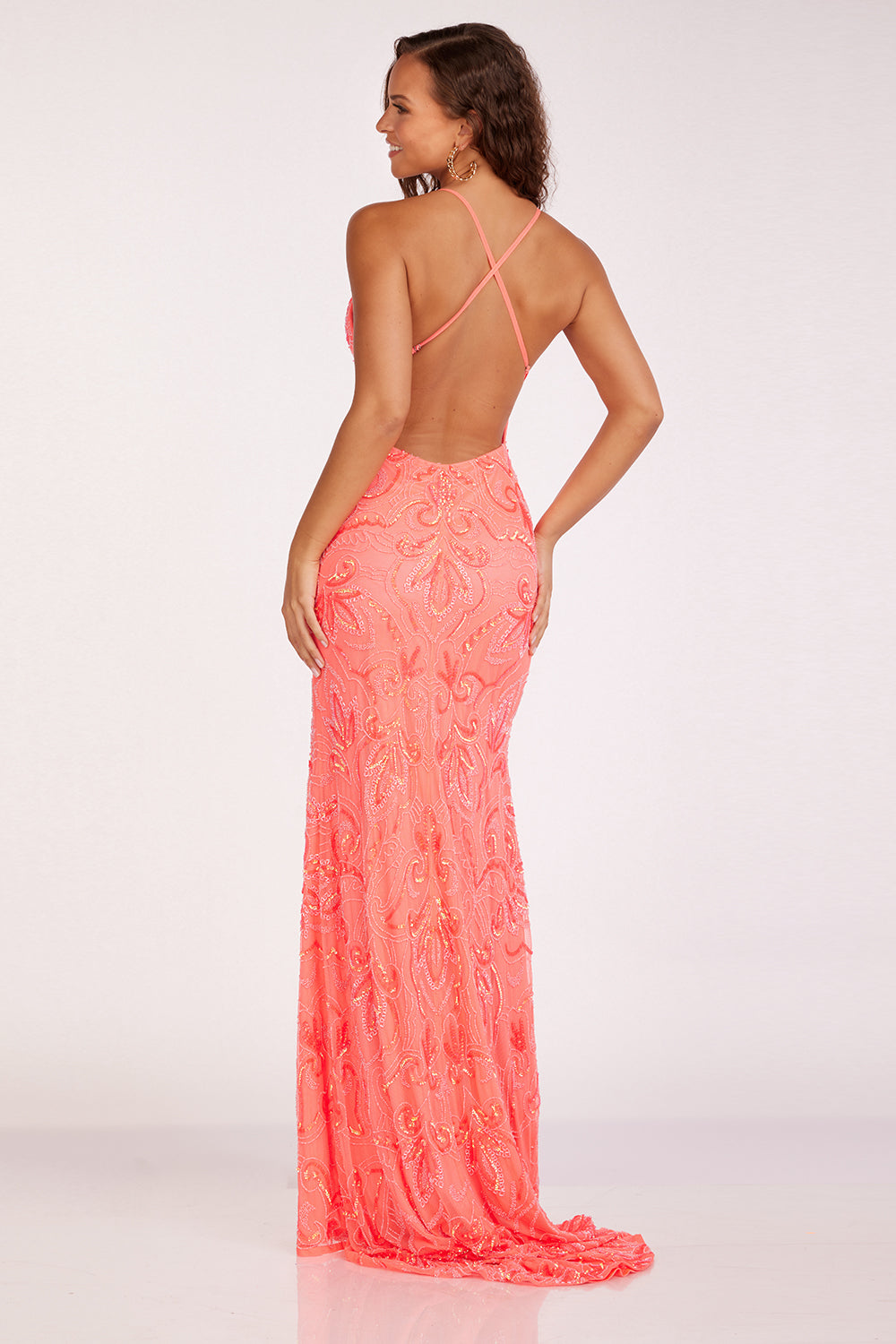 Abby Paris 92132 Sequin Print V-Neck Crisscross Slit Gown