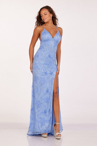 Abby Paris 92132 Sequin Print V-Neck Crisscross Slit Gown