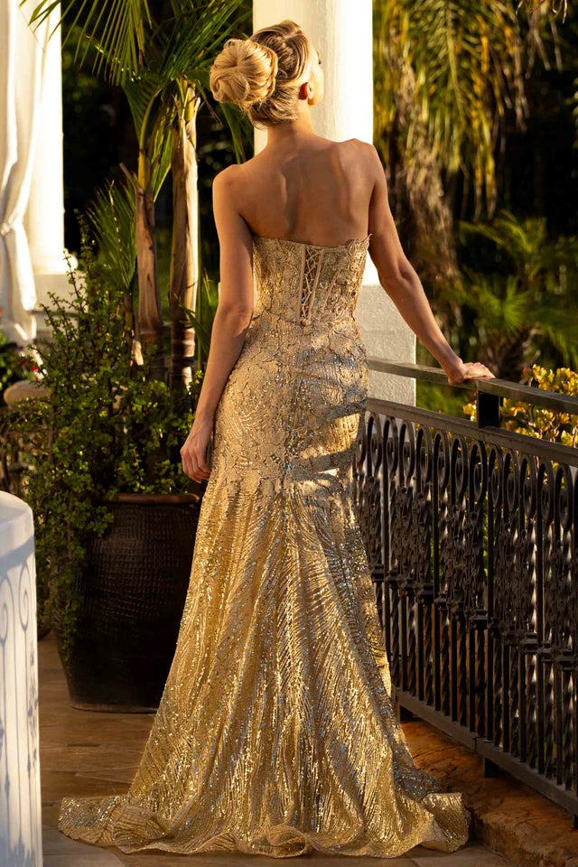 Clearance Gold Size L Strapless Trumpet Evening Gown with Sequin Lace Appliqué, Corset Back Prom Dress by Lenovia 8424