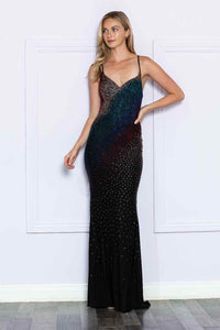 Poly USA 9272 Spaghetti Strap Back Cut -Out Beaded Bodice Evening Gown - BLACK/MULTI / XS - Dress