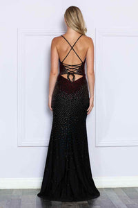 Poly USA 9272 Spaghetti Strap Back Cut -Out Beaded Bodice Evening Gown - Dress