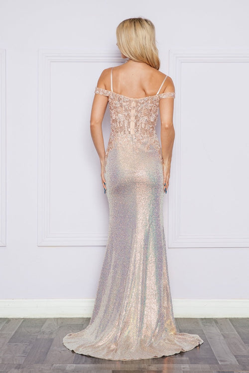 Poly USA 9398 Off - Shoulder Sheer Bodice Floral Appliqued Sequin Dress