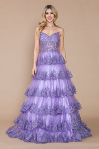 Poly USA 9402 Sleeveless Sheer Bodice Tiered Layered Embellished Gown - LAVENDER / XS Dress
