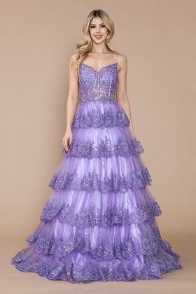 Poly USA 9402 Sleeveless Sheer Bodice Layered Embellished Evening Gown