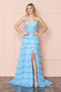 Poly USA 9404 Embellished Bodice Sleeveless Ruffle Slit Evening Dress - BLUE / XS
