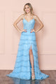 Poly USA 9404 Embellished Bodice Sleeveless Ruffle Slit Evening Dress - BLUE / XS